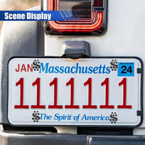 Fresh Ride Upgrades Four Piece Set Of Dope Black Us Dollar Car License Plate Screws on a Massachusetts license plate.