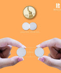 Front view of self-adhesive nylon loop and hook dots, 0.59 in diameter; two white circular patches held between fingers.