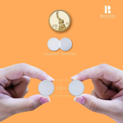 Front view of self-adhesive nylon loop and hook dots, 0.59 in diameter; two white circular patches held between fingers.