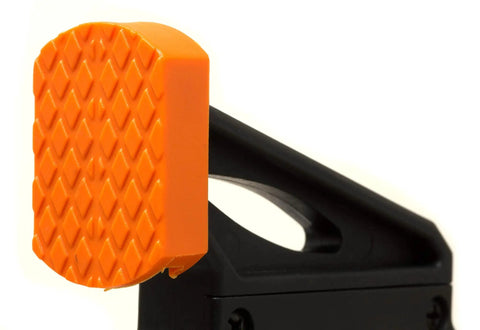 Close-up of orange pad on Two Pack Quick Release Track Saw Clamps With 7.5 Inch Opening And 2.5 Inch Throat, Easy Release Buttons