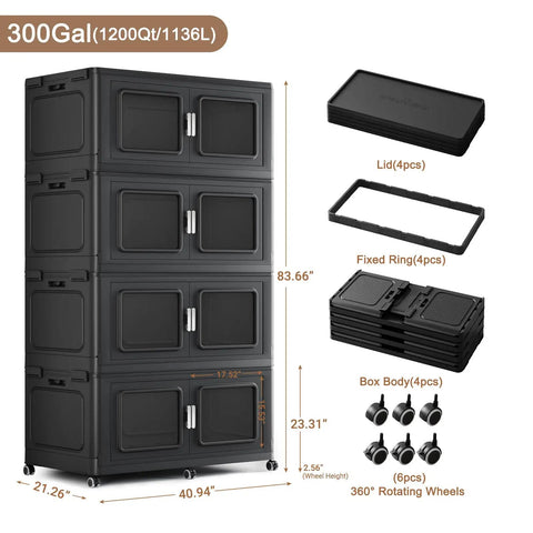4 Pack Kickass 1200 Qt 300 Gal Stackable Storage Bins With Lids, black heavy duty plastic storage drawers with measurements.