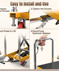 Tera LT1502 hydraulic lift table cart, yellow steel frame, 330 lb capacity; installation steps infographic.