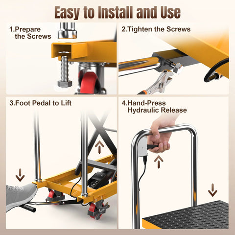 Tera LT1502 hydraulic lift table cart, yellow steel frame, 330 lb capacity; installation steps infographic.