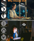 Woman using 10X Lighted Magnifying Glass With LED Desk Lamp For Close Work And Crafting, hands-free on a desk.