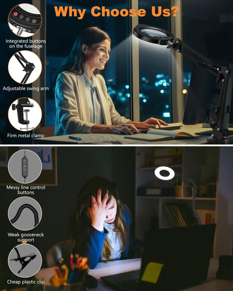 Woman using 10X Lighted Magnifying Glass With LED Desk Lamp For Close Work And Crafting, hands-free on a desk.