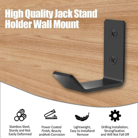Eight Pack Jack Stand Wall Mount Organizer displayed on wooden surface with mounting screws visible