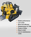 Triangular Track Skid Steer Loader T460 With 43.8 Inch Bucket 23HP Crawler Machine, yellow body on display
