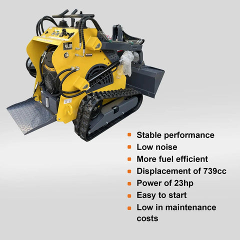 Triangular Track Skid Steer Loader T460 With 43.8 Inch Bucket 23HP Crawler Machine, yellow body on display