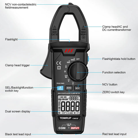 True RMS Clamp Meter For Auto Ranging 6000 Counts With 600A Capacity And Built In Flashlight Backlight Measures NCV AC DC Voltage And Current Continuity Capacitance Diode Resistance And Temperature For Car Home And Industrial Fixes, black clamp meter