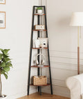 Deadly Solid 5 Tier Corner Bookcase With Heavy Steel Frame And Thick Rustic Wood Shelves, styled in a modern home office corner.