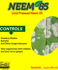 Cold Pressed Neem Oil 85 4 In 1 Concentrate In A Quart Makes Up To 42 Gallons For Veggies Fruits Citrus Nuts Hemp Lawns And Ornamentals Insecticidal And Fungicidal Protection To Prevent And Control Pests label detailing mildew control.