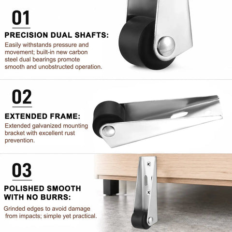 Precision dual shafts of Eight Tough Little Casters With Slick Rolling Track Rollers For Sliding Doors And Furniture Fix Ups.