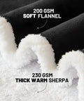 Close-up of black flannel and white sherpa lining of a wearable blanket hoodie for adults.