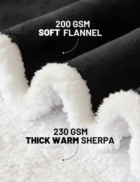 Close-up of black flannel and white sherpa lining of a wearable blanket hoodie for adults.