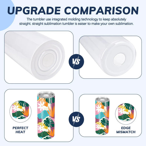 Upgrade comparison of 50 Pack 20 Oz White Sublimation Tumblers With Individual Gift Boxes, showcasing perfect heat vs edge mismatch.