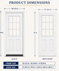 Product dimensions of 32 By 80 Inch White Primed Fiberglass Front Entry Door Slab with nine lite glass.