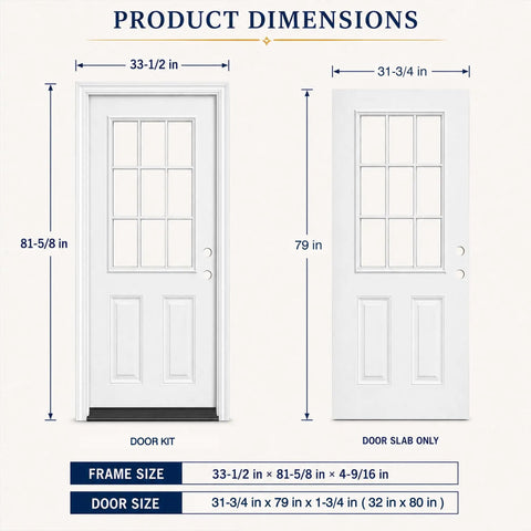 Product dimensions of 32 By 80 Inch White Primed Fiberglass Front Entry Door Slab with nine lite glass.