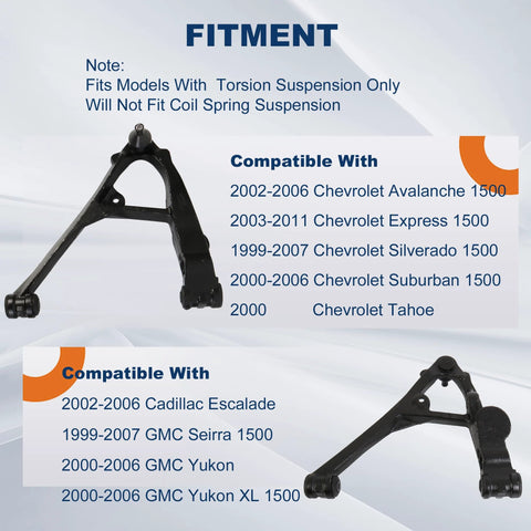 Two Piece Front Lower Control Arm Suspension Kit Fits Chevy Silverado Tahoe Avalanche GMC Yukon Sierra Cadillac Escalade for 1999 Through 2006 Trucks And SUVs Provides A Smooth Ride Precise Alignment And Easy Bolt On Install