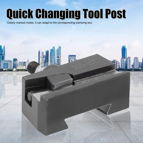 250 107 Quick Changing Tool Post Holder Built Tough For CNC Lathes High Carbon Steel Machining Fixture For Metalworking Heavy Duty Lathe Accessory High Strength Industrial Grade, 250-107 marked holder close-up