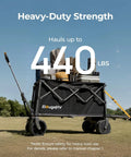 Beast Of A Utility Wagon With 133Wh Battery Up To 440 Lbs Load, Collapsible Garden Cart on grass field with wheels visible, battery charger not included.