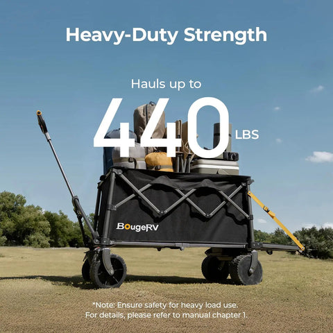 Beast Of A Utility Wagon With 133Wh Battery Up To 440 Lbs Load, Collapsible Garden Cart on grass field with wheels visible, battery charger not included.