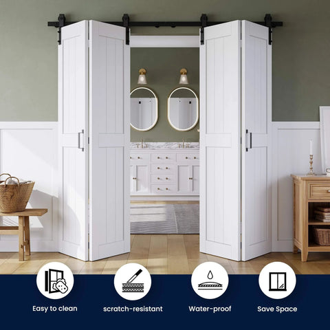 Bifold Barn Door System 72x84 Inches White MDF Sliding Closet Doors with Hardware Kit, 4 Panel Design in an interior setting.