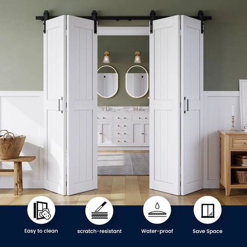 Space Saving Barn Door Set 48x84 Inches With Hardware Kit Included For Easy Assembly No Fuss Sliding Closet Doors Waterproof PVC Surface H Frame 56 Inch Track For Four Doors White