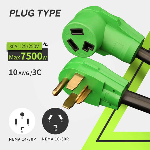 Beefy 4 Prong To 3 Prong Dryer Adapter Cord 30 Amp NEMA 14-30P Male To NEMA 10-30R Female connectors, green plugs