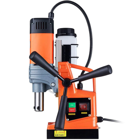 Heavy Duty Magnetic Drill Press Boasting A Bulletproof Electromagnetic Base That Grips Tight, 1300W Motor Cranks Out 810 Rpm To Slice Through Steel Plate Fast, Provides Killer Stability Plus Built In Scale Markings For Straight Shot Accuracy, showing controls and handle.