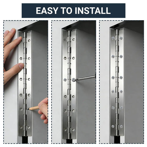 Installation steps for Super Solid 12 Inch Stainless Steel Piano Hinge With Pre Drilled Holes And Screw Kit.