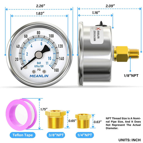 Stainless Steel Dry Pressure Gauge 0 To 160 Psi With Two Inch Dial Back Mount For Air Compressors RV Regulators And Water Systems Includes One Eighth Inch NPT One Quarter Inch NPT And Three Eighth Inch NPT Hex Bush