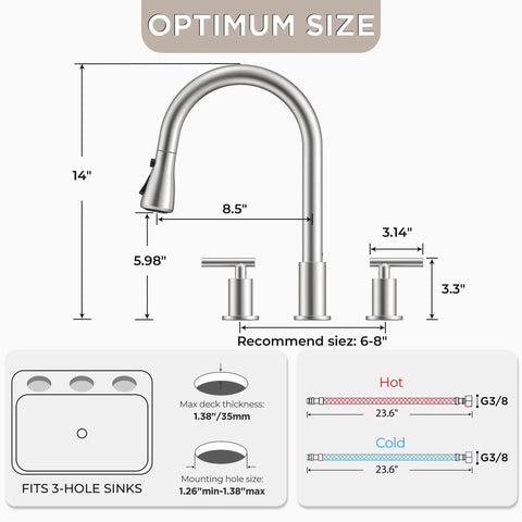 Dimension diagram of FORIOUS 2-Handle Kitchen Faucet with Pull Down Sprayer, Brushed Nickel, showcasing size details.