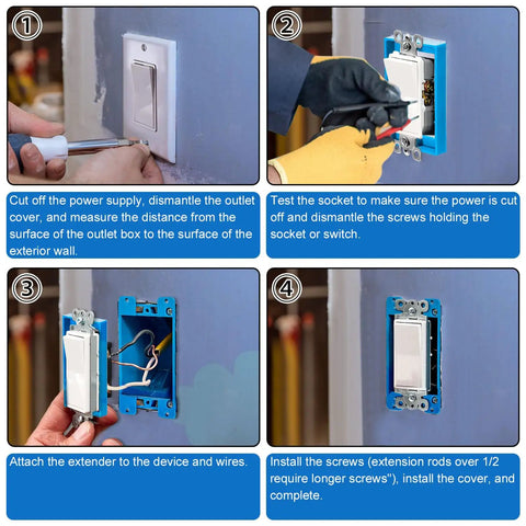 Installation guide for Six Pack Half Inch Single Gang Receptacle Box Extenders With Twelve Screws For Electric Boxes, shown mounted on wall.