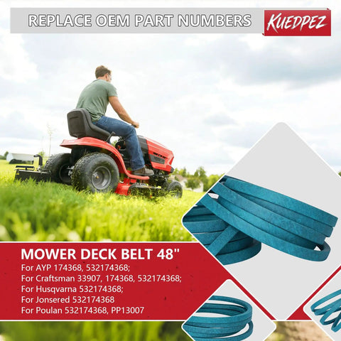 Mower Deck Belt 48 Inch Replacement Five Eighth Inch By Ninety Inch Beefed Up Aramid Cord Heavy Duty Drive Belt close-up view.