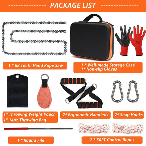 53 Inch High Limb Rope Saw Kit With 68 Teeth On Both Sides, 14Oz Throw Weight Bag, ergonomic handles, carabiner, storage case