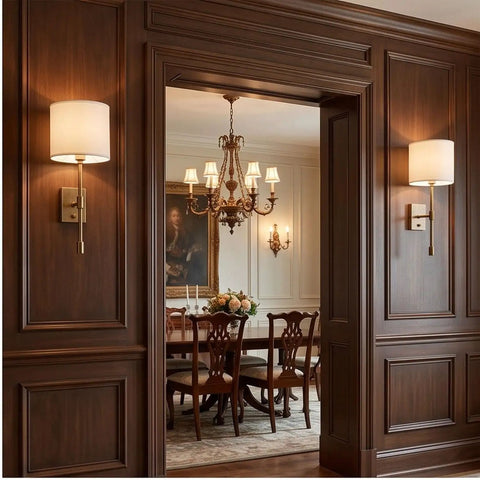 Fabric Shade Wall Sconce Vintage Brass Metal Lamp Bedside Indoor Lighting mounted on wood paneling next to a dining room.