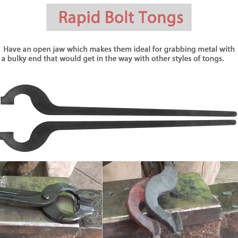Rapid Tongs Bundle Set With Rivets for Metalworking features bolt tongs with open jaws for gripping bulky metal pieces.