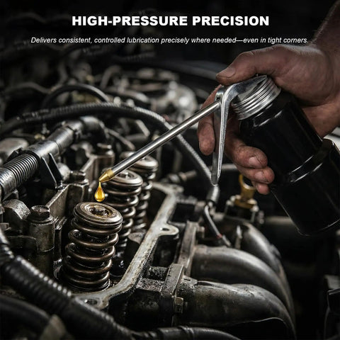 Hand using 8 Oz Capacity Handy Auto Lubrication Pump Oiler Can With Handle And Straight Spout High Pressure Quick Dispense on engine part