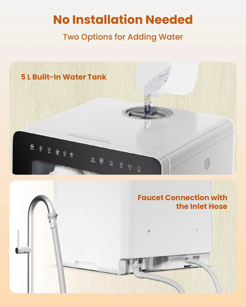 Compact Countertop Dishwasher With Built In Water Softener And Smart Eco Mode For Zero Hassle Cleaning And Spotless Dishes. 5L water tank and faucet connection.