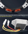 Close-up of alternator stator replacement kit with visible voltage regulator and wiring, for Briggs and Stratton and John Deere tractors.