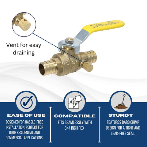 Barb Crimp Pex 3/4 Inch Ball Valve With Drain, 4 Pack for residential and commercial plumbing, showcasing vent for easy draining.