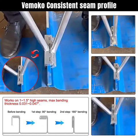 Pro Grade Hand Seamer Tool for Sheet Metal in use on roof seam, demonstrating consistent seam profile and bending process