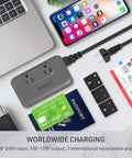 230 Watt Step Down Voltage Converter For Global Travel Use 100 To 220V To 110V Transformer With USB Quick Charger 3.0 shown with adapters