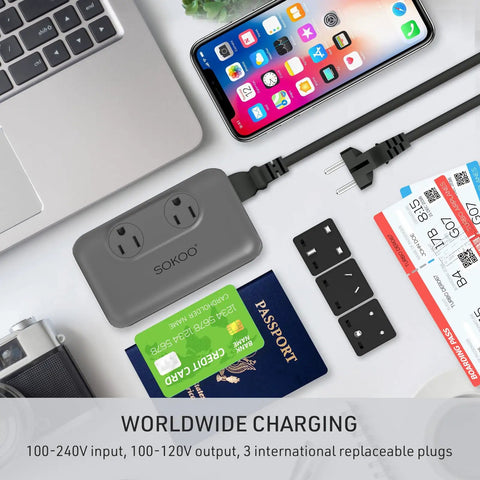 230 Watt Step Down Voltage Converter For Global Travel Use 100 To 220V To 110V Transformer With USB Quick Charger 3.0 shown with adapters