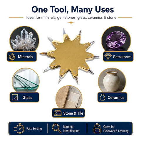 Mohs Hardness Test Kit With 1 To 10 Scale Pen And Ten Star Grip Pro Grade Rock Gemstone Mineral Hardness Tester For Geologists Collectors And Hobbyists showing uses for minerals, gemstones, glass, ceramics, stone and tile