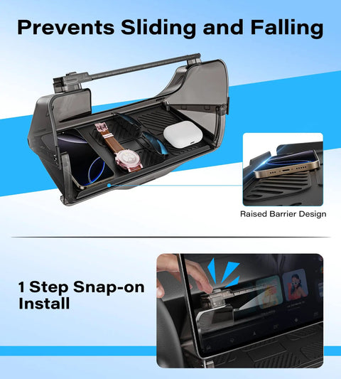 Under Screen Storage Box For Tesla Model Y And Model 3 Juniper And Highland Editions Magnetic Hidden Privacy Center Console Organizer 2019 2026 displayed with watch and accessories inside.