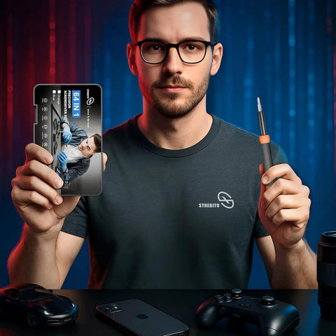 Man holding 64 In 1 Magnetic Precision Screwdriver Kit for Electronics Repair next to screwdriver tool, gaming devices in view