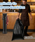 Barista with Heavy Duty Knock Box Trash Bags for Commercial Coffee Stations, Leak Proof PE Bags for Grounds, in use