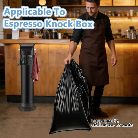 Barista with Heavy Duty Knock Box Trash Bags for Commercial Coffee Stations, Leak Proof PE Bags for Grounds, in use