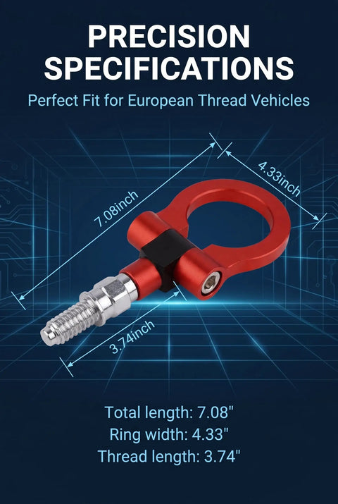 Heavy Duty Car Front Bumper Tow Hook Forged Steel Towing Pull Ring European Thread Screws On Mount measurements 7.08 x 4.33 inches